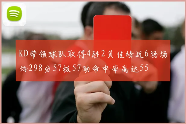 KD带领球队取得4胜2负佳绩近6场场均298分57板57助命中率高达55